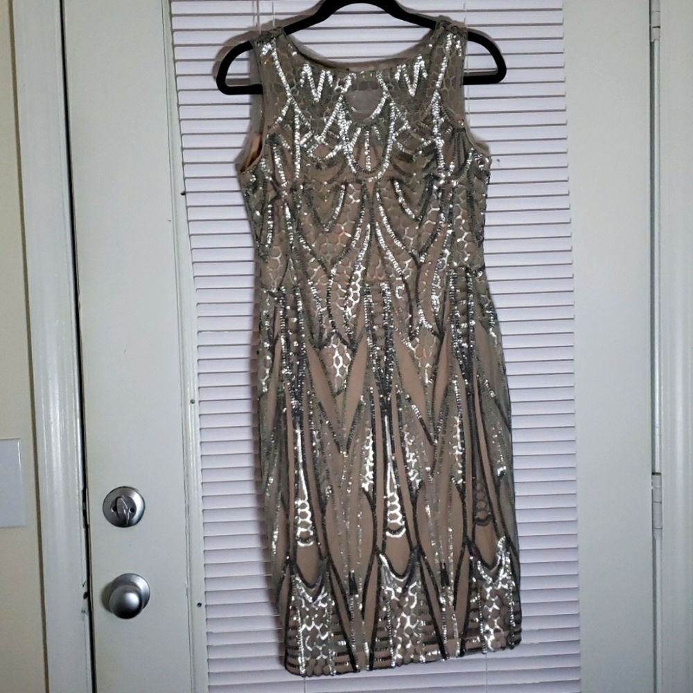 Calvin Klein Silver Sequin Nude Dress – Size 2 - Picture 3 of 11